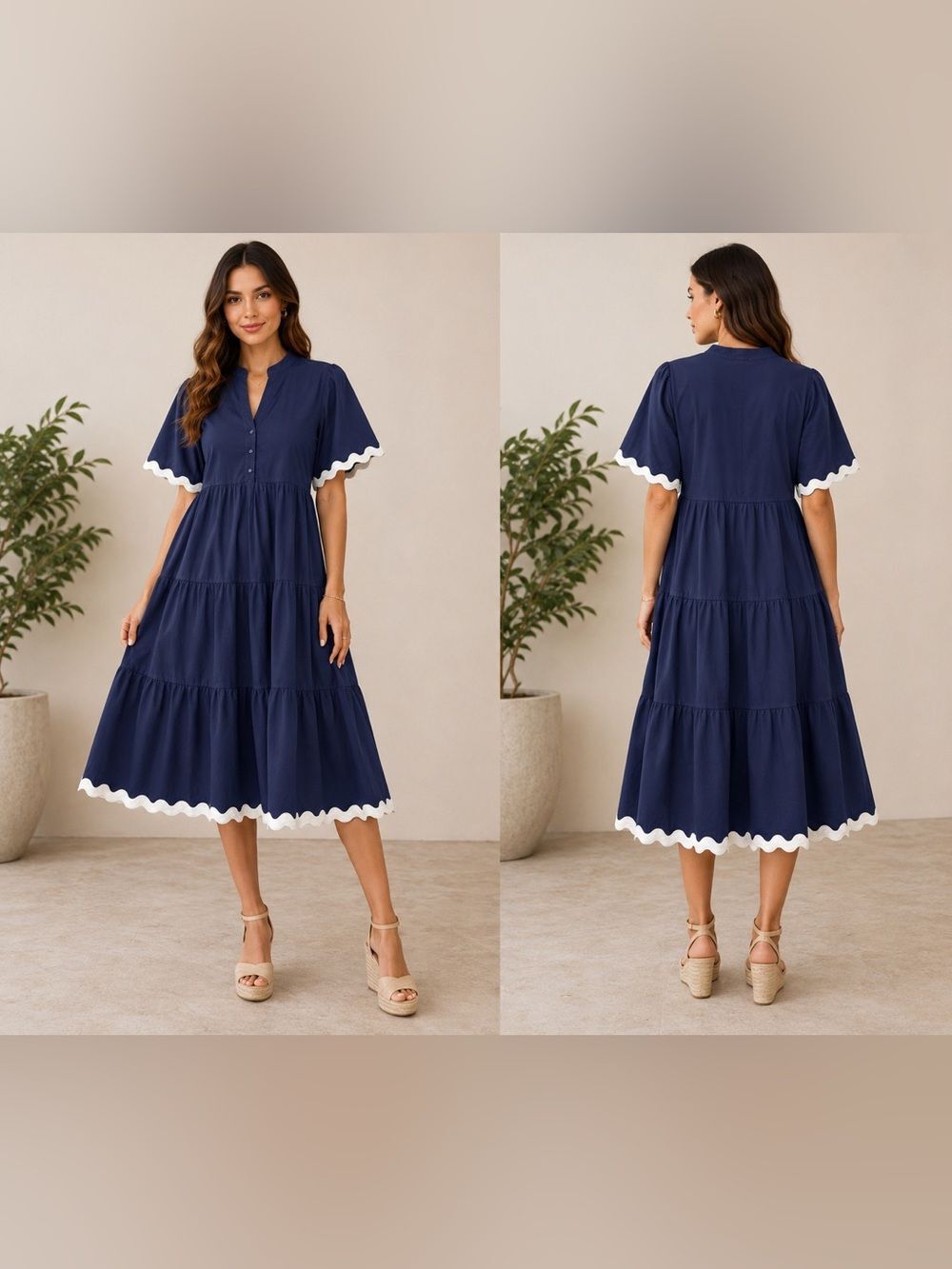 (W1) NWT White Closet Women's Dress 100% Cotton, Navy Blue and White, Size S
